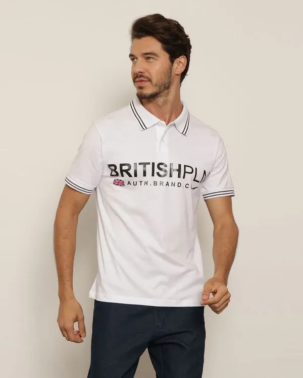 Camisa Polo Masculina Estampa Frontal Manga Curta Branca M