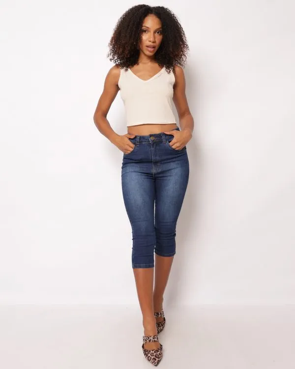 Calça Jeans Feminina Corsário Estonada Levanta Bumbum Azul 34