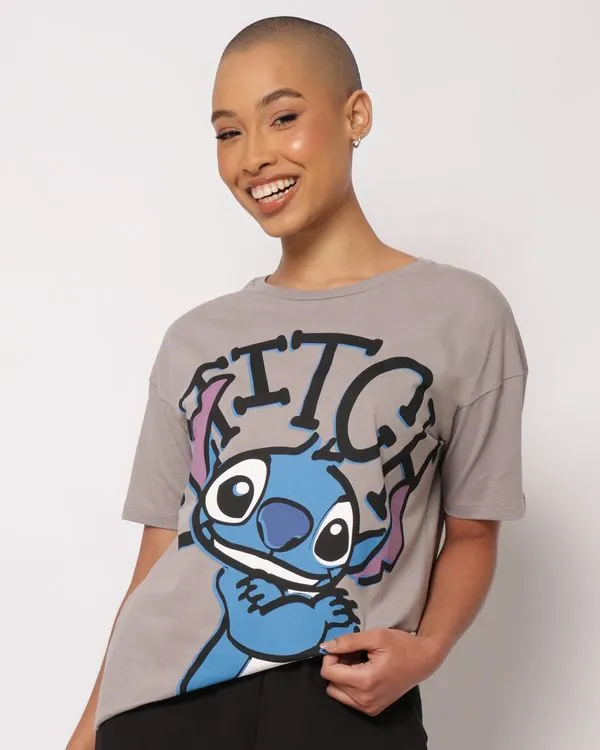 Camiseta Feminina Oversized Algodão Disney Stitch Cinza P