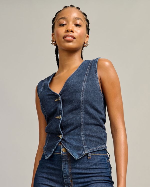Colete Jeans Feminino Com Botões Azul PP