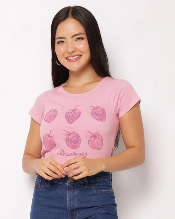Camiseta Feminina Algodão Estampa Morangos Manga Curta Rosa M