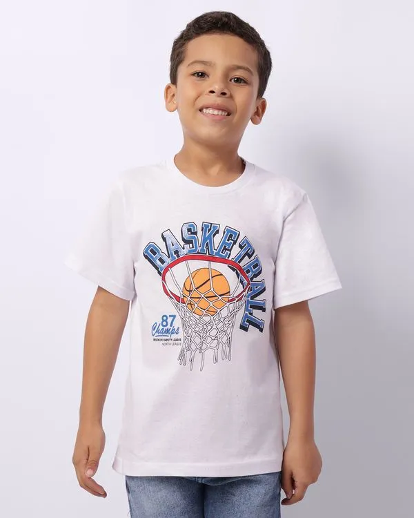 Camiseta Infantil Manga Curta Estampa Basquete Branca 10