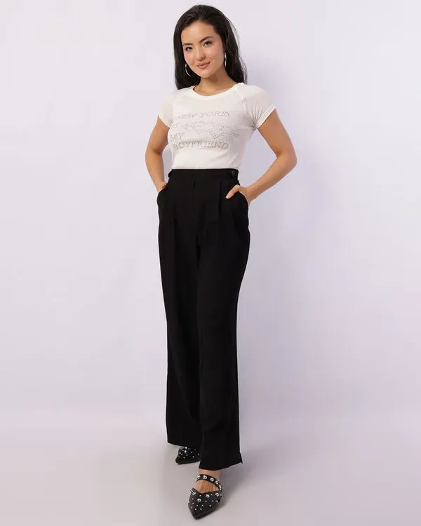 Calça Feminina Wide Leg Berry & Co. Viscose Bolsos Preta GG