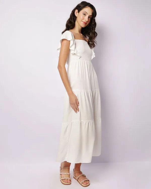 Vestido Feminino Midi Manga Curta Babado Com Lastex Off White M