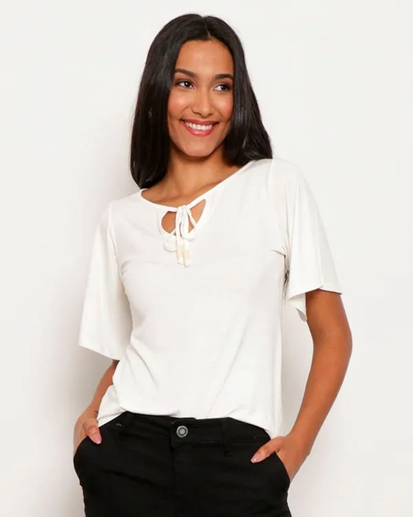 Blusa Feminina Manga Curta Gota Com Amarração Off White G
