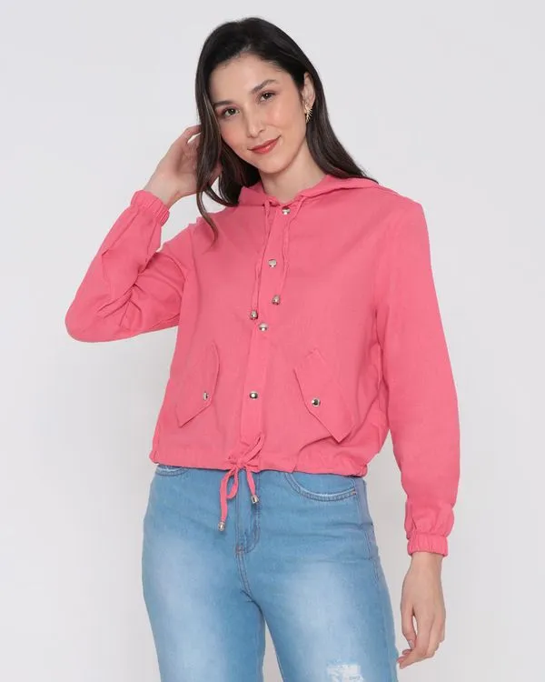 Jaqueta Feminina Linho Capuz Rosa Claro G