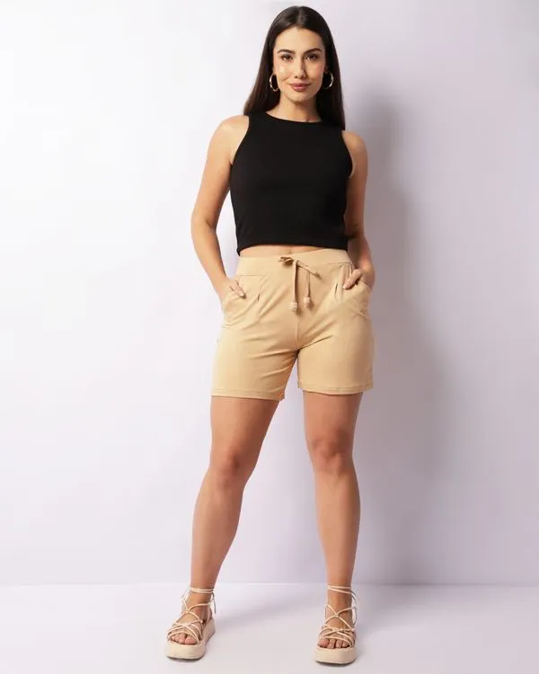 Bermuda Feminina Reta Cordão Com Miçanga Bege P