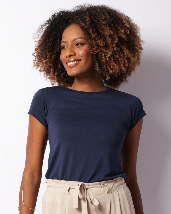 Blusa Feminina Manga Curta Com Aplicação Marinho M