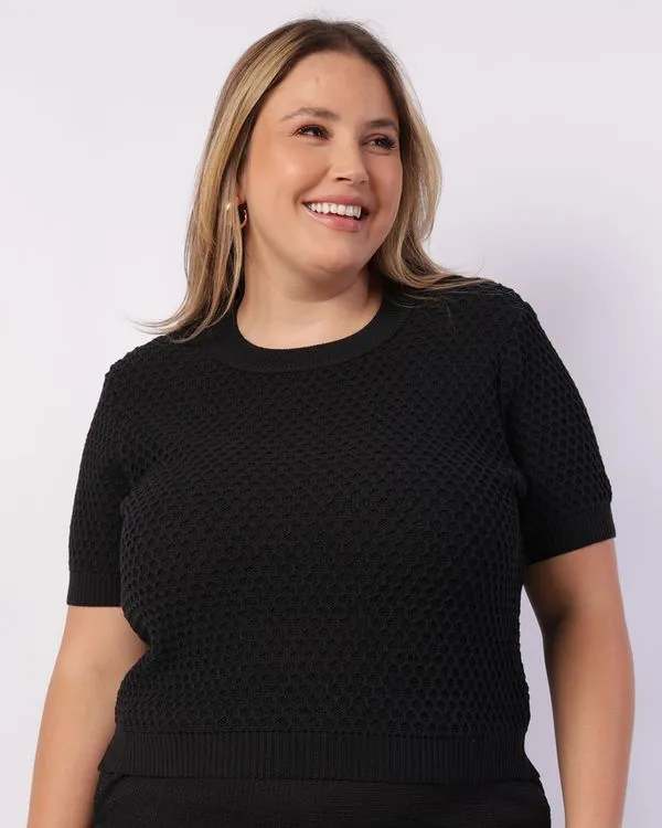 Blusa Plus Size Feminina Tricô Manga Curta Preta G2