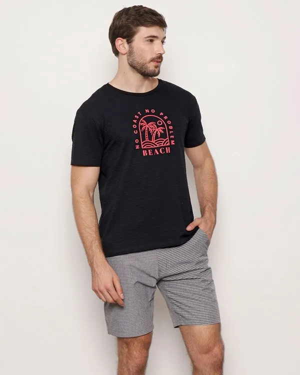 Camiseta Masculina Estampa Coqueiros Texturizada Manga Curta Preta P