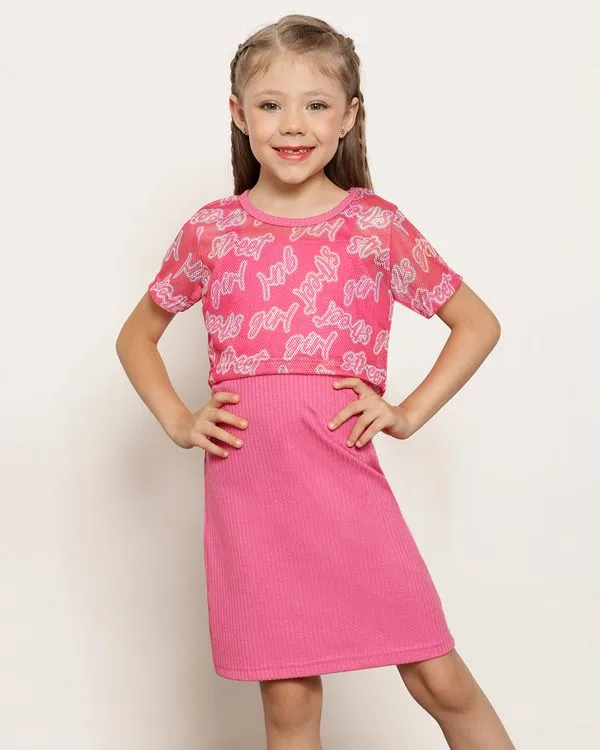 Vestido Infantil Curta Canelado Com Sobreposição Telada Rosa 6