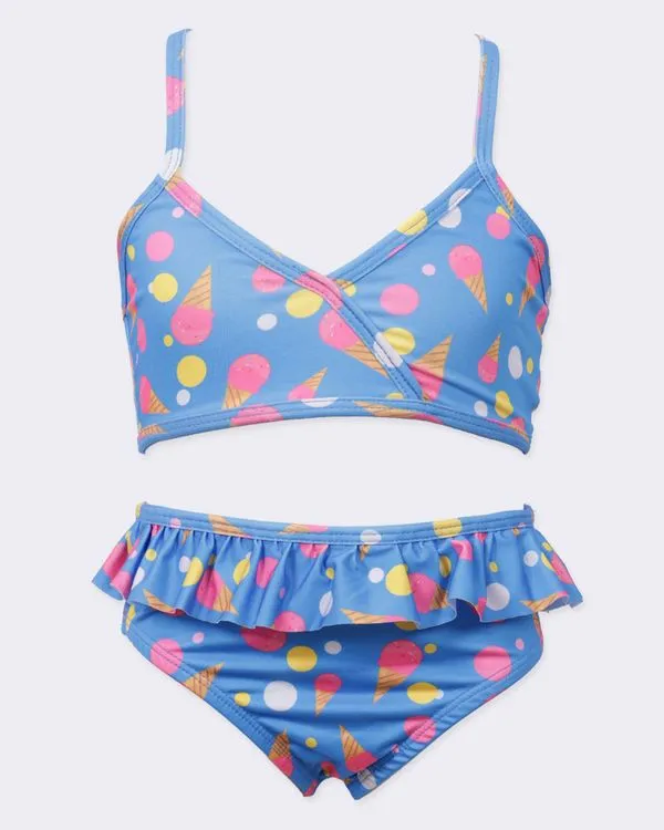 Conjunto Biquíni Infantil Estampa Sorvetes Com Babados Azul 8