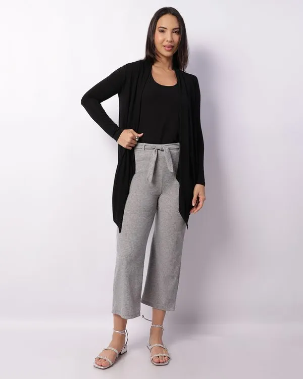 Calça Feminina Pantacourt Canelada Com Cordão Cinza G