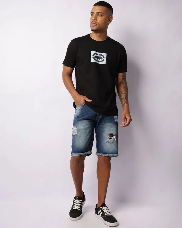 Bermuda Jeans Masculina Reta Com Destroyed Azul 40