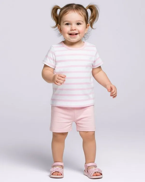 Camiseta Bebê Algodão Listrada Manga Curta Rosa 1