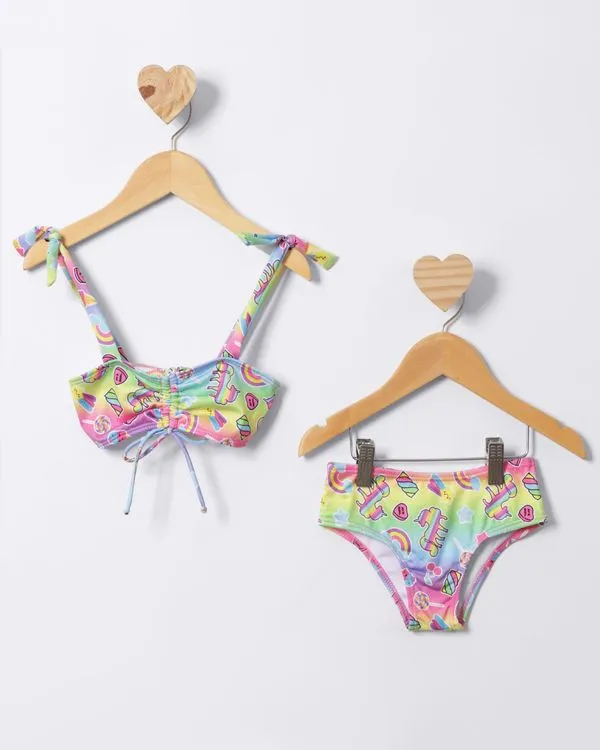 Conjunto Biquíni Infantil Franzido Estampado Rosa 4