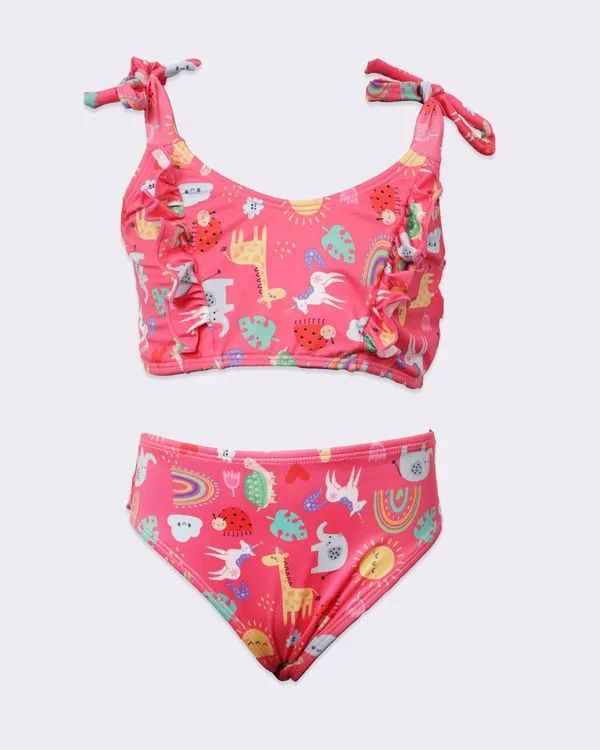Conjunto Biquíni Infantil com Amarração Babados Estampado Rosa 6