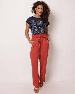 Calça Feminina Reta Berry & Co. com Cordão Terracota GG