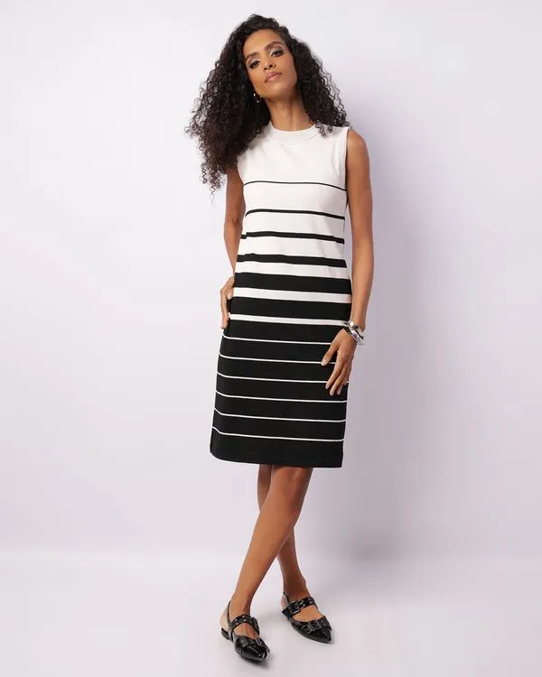 Vestido Feminino Regata Midi Tricô Listrado Bege G