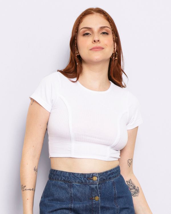 Blusa Feminina Cropped Manga Curta Canelada Branca G