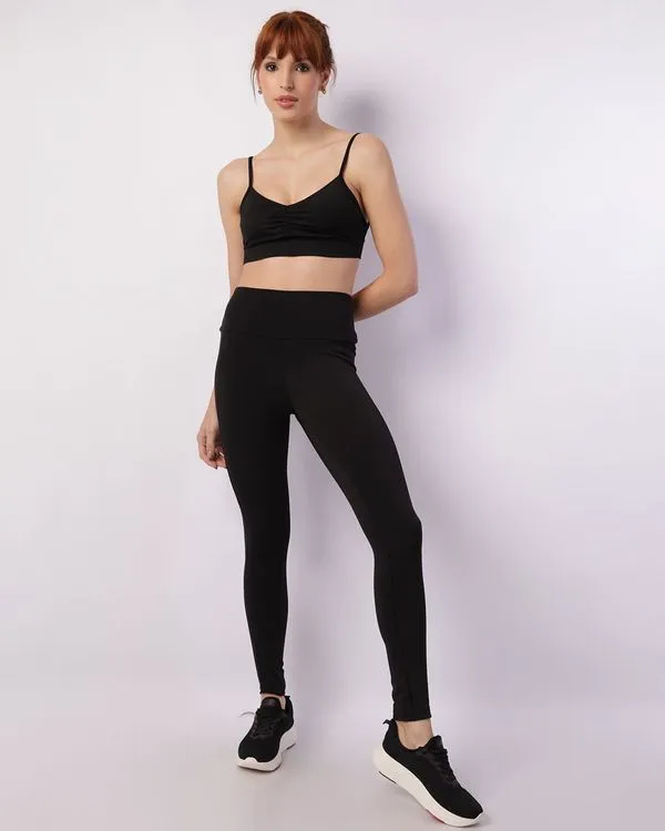 Calça Legging Fitness Feminina Recorte Tule Preta GG