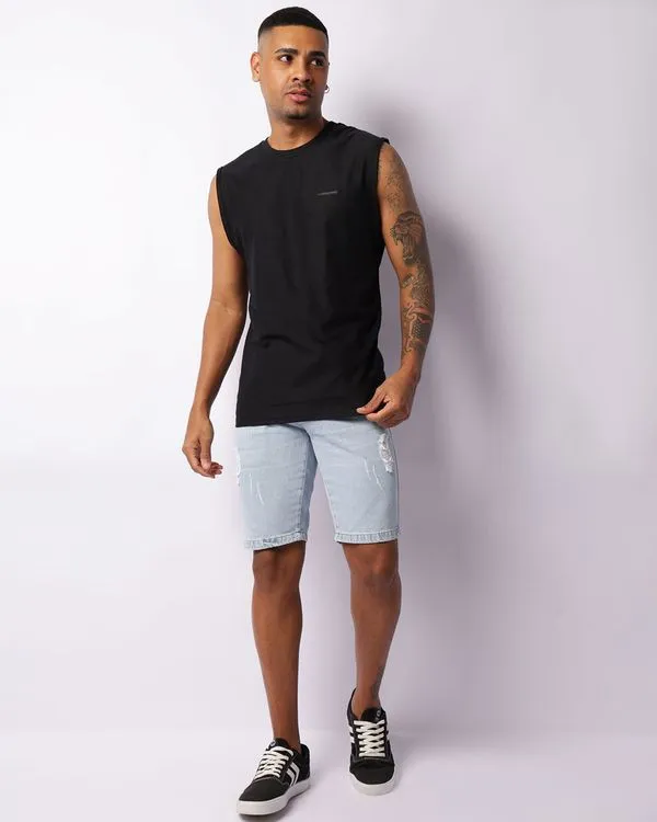 ​Bermuda Jeans Masculina Reta Com Puídos Azul 40