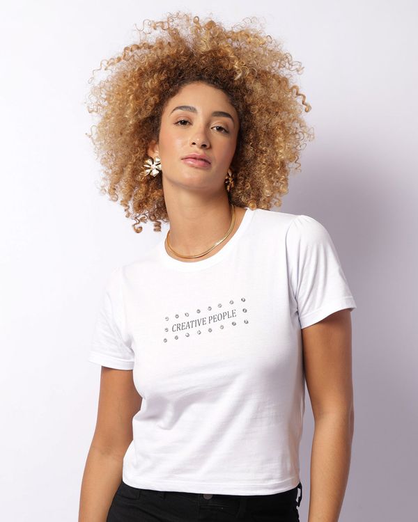 Blusa Feminina Manga Curta Com Aplicação De Strass Branca M