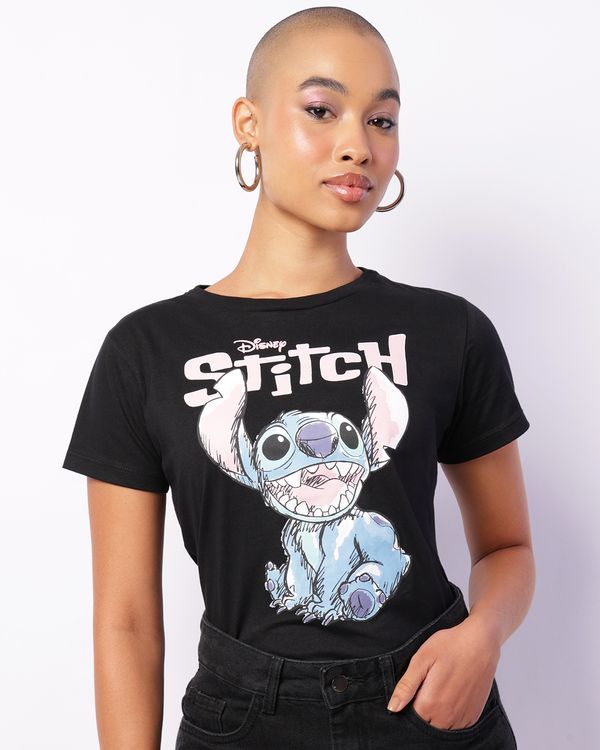Camiseta Feminina Disney Stitch Manga Curta Preta M