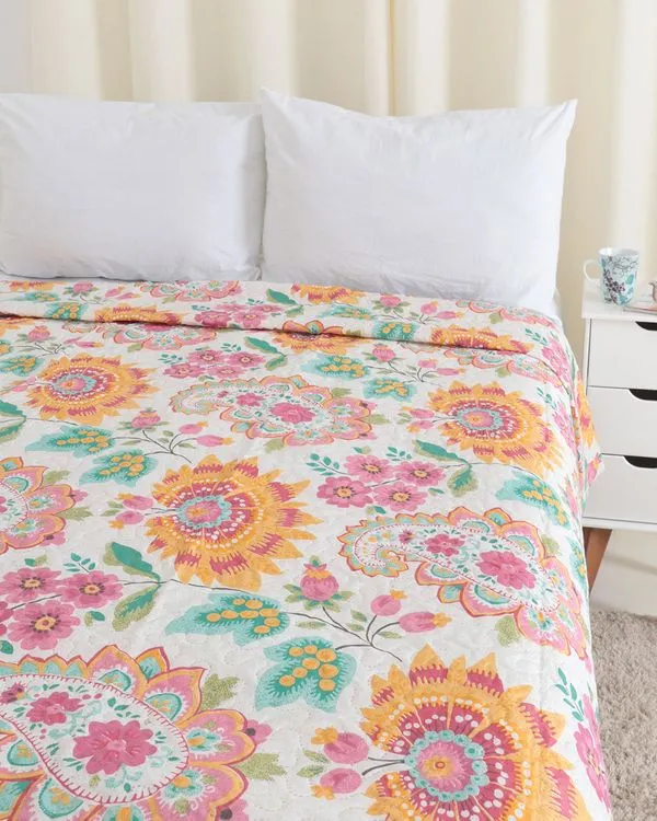 Colcha Casal Ultrassônica Floral Arte E Cazza Branca UN