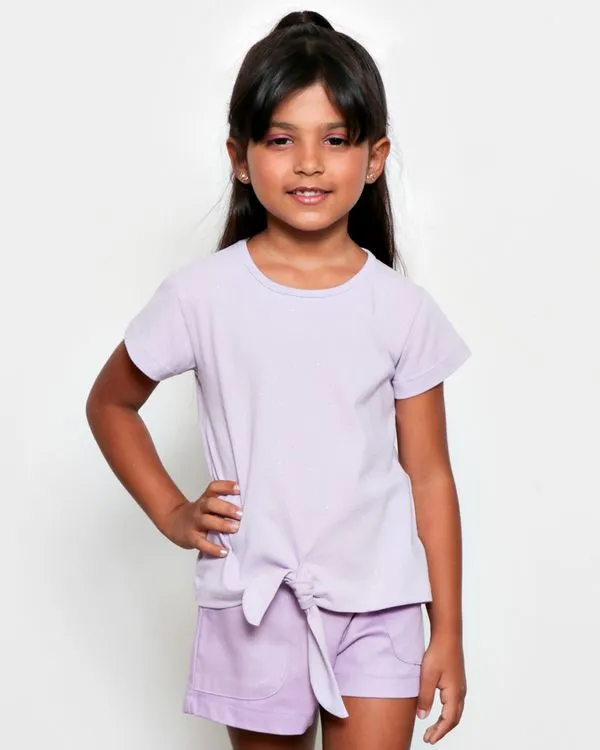 Blusa Infantil Manga Curta com Gltter e Nó Frontal Lilás 4