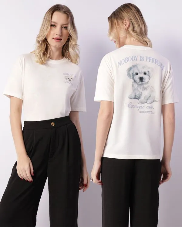 Camiseta Feminina Manga Curta Estampa Frente E Costas Off White P