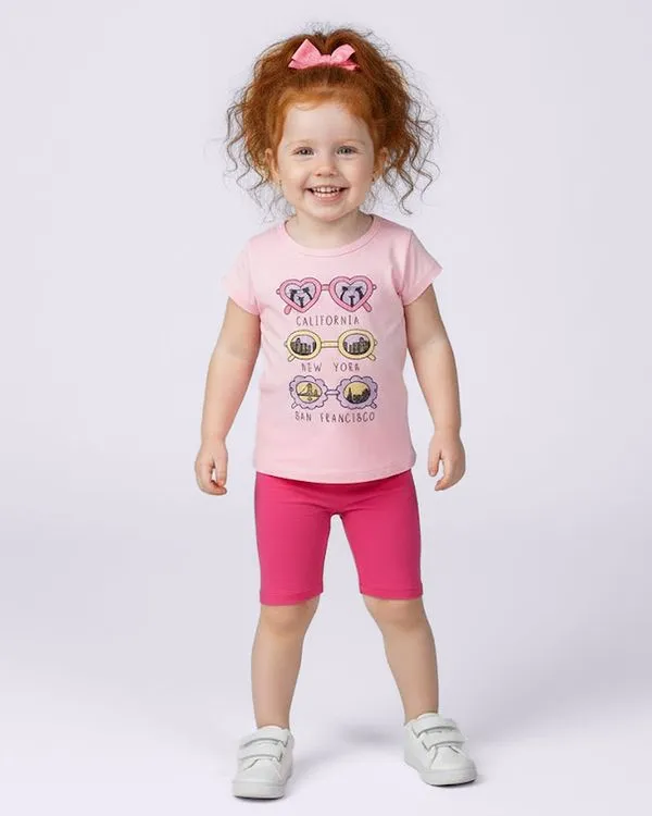 Blusa Bebê Estampa Óculos de Sol com Glitter Manga Curta Rosa 3