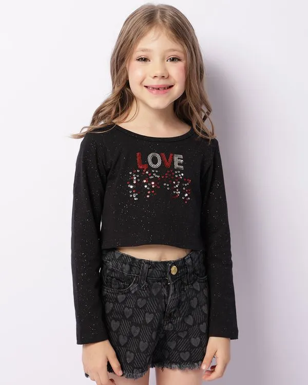 Blusa Infantil Cropped Manga Longa Bordado Paetê Preta 10