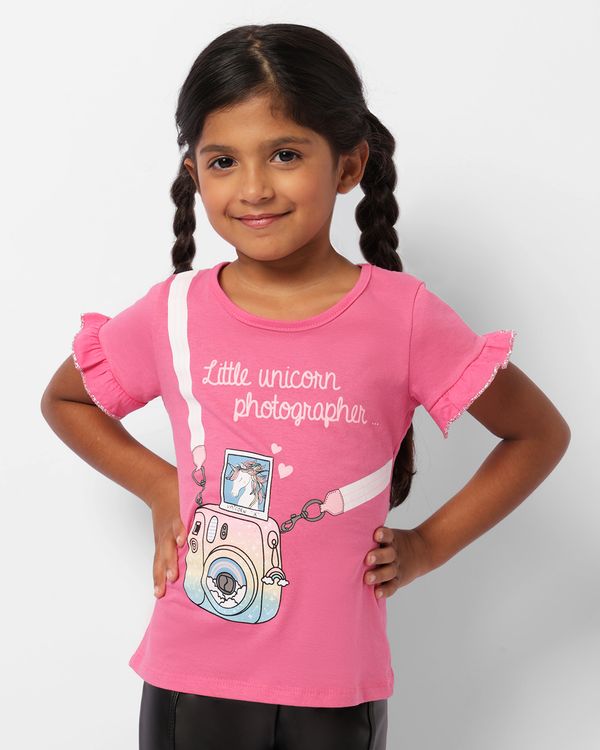 Blusa Infantil Estampa Unicórnio Manga Curta Com Babado Lurex Rosa 4