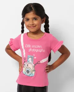 Blusa Infantil Estampa Unicórnio Manga Curta Com Babado Lurex Rosa 10