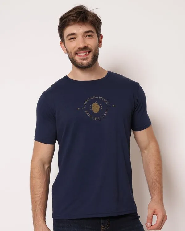 Camiseta Masculina Algodão com Estampa Brewing Club Manga Curta Marinho G