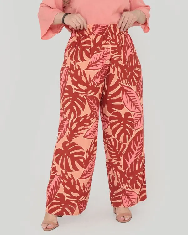 Calça Feminina Pantalona Estampa Floral Terracota G1