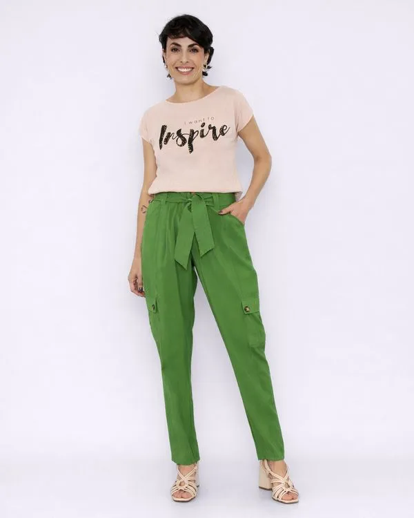 Calça Feminina Viscose Reta Bolso Cargo Com Amarração Verde G
