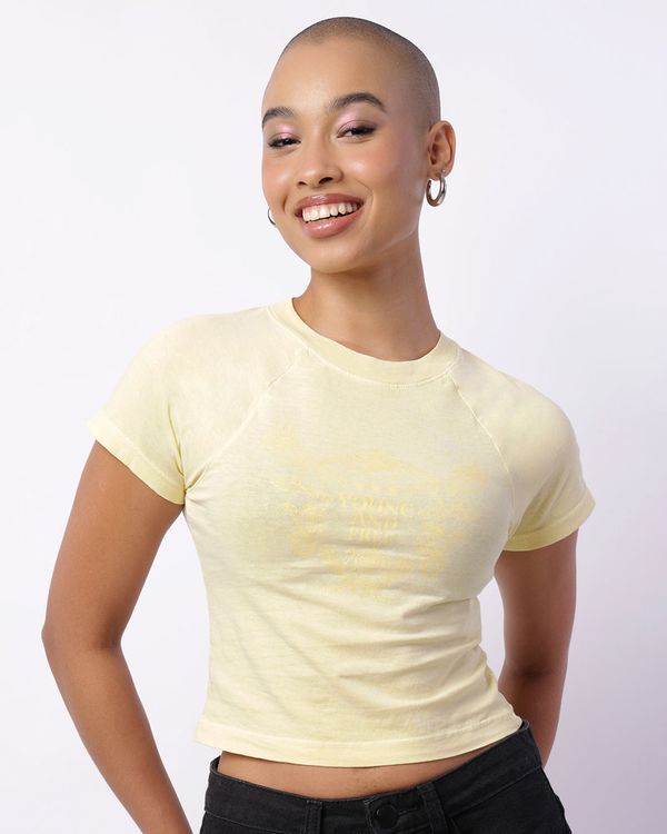 Camiseta Feminina Cropped Estampa Manga Curta Raglan Amarela GG