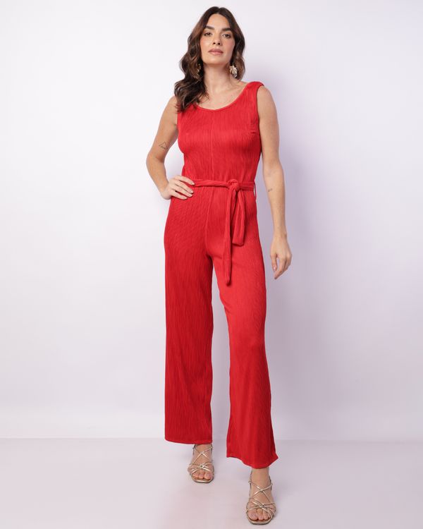 Macacão Feminino Longo Plissado Faixa Para Amarração Vermelho M