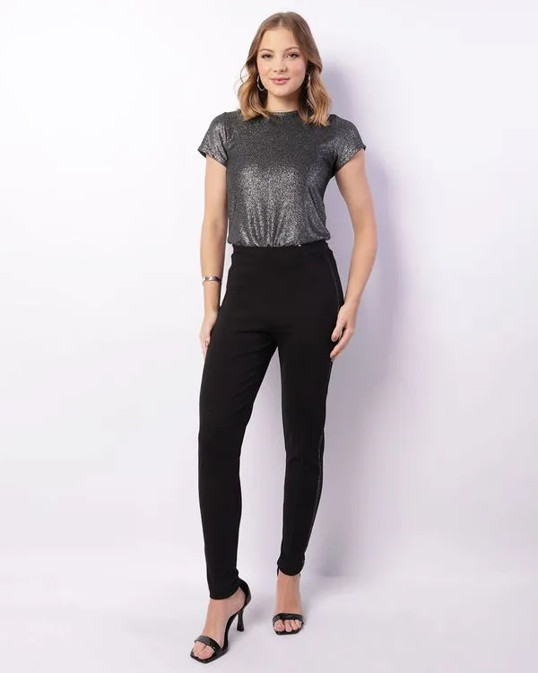 Calça Feminina Legging Berry & Co. Strass Recortes Preta M