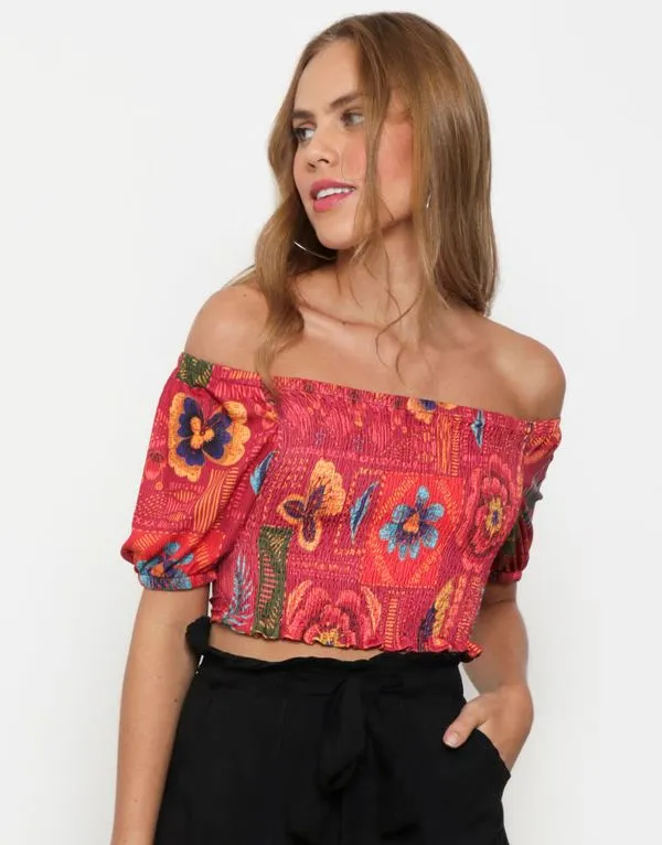 Blusa Feminina Cropped Ciganinha Lastex Vermelho Floral G