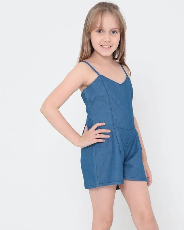 Macaquinho Jeans Infantil com Alcinha Recortes Azul 8
