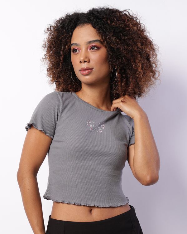 Blusa Feminina Canelada Aplique Strass Frontal Cinza GG