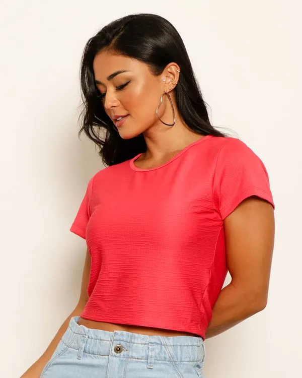 Blusa Feminina Cropped Manga Curta Texturizada Rosa M