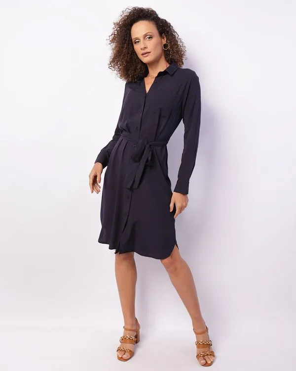 Vestido Chemise Feminino Curto Berry & Co. Manga Longa Marinho GG