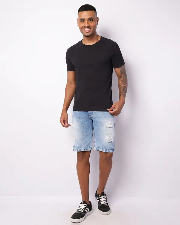 Bermuda Jeans Masculina Reta Destroyed Estonada Azul 40
