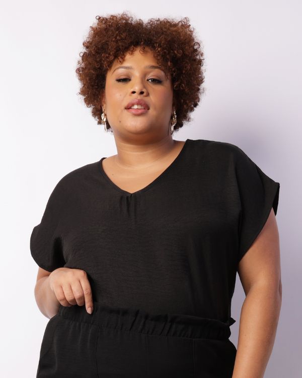 Blusa Plus Size Feminina Manga Curta Decote V Preta G3
