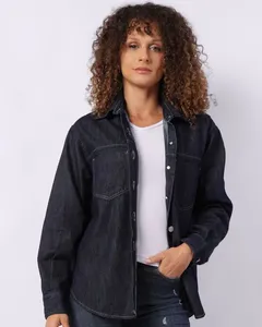 Camisa Jeans Feminina Oversized com Bolsos Manga Longa Azul G