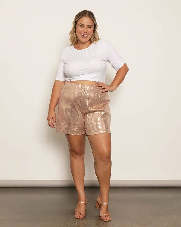 Short Plus Size Feminino Berry & Co. Curto Paetê Cobre G3
